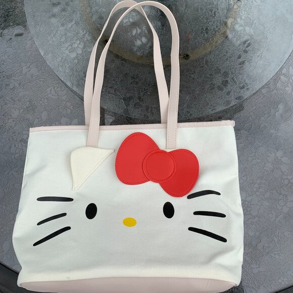 NEW Hello Kitty Ivory Canvas Tote with Kitty Face on Front with Zip Closure - Picture 1 of 11